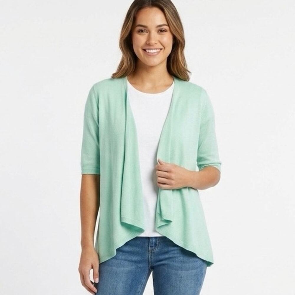 Elle Women's Cardigan Sweater XS Mint Green Mix Stitch Flyaway Open Elbow Sleeve
